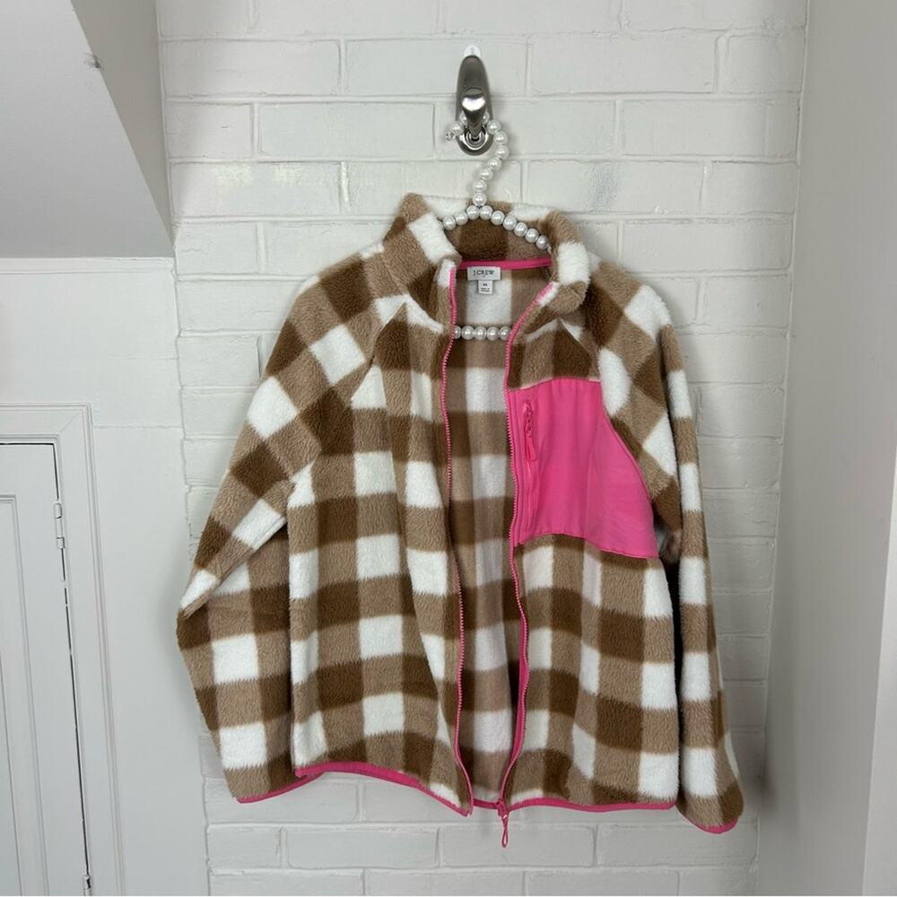 J.Crew Tan & White Check Plaid Fleece Zip Up Jacket Size M - Picture 9 of 13